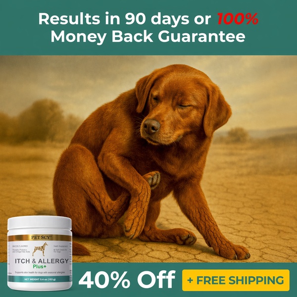A square-format static ad for pet allergy chews using a problem-aware visual hook of a scratching dog and a strong risk-reversal offer.